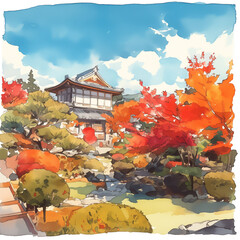 水彩画タッチで描かれた日本の秋の紅葉風景イラスト。やわらかな色彩と余白の配置が相まって、荘厳で美しい雰囲気を漂わせる幻想的なアート素材。