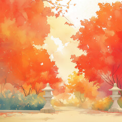 水彩画タッチで描かれた日本の秋の紅葉風景イラスト。やわらかな色彩と余白の配置が相まって、荘厳で美しい雰囲気を漂わせる幻想的なアート素材。