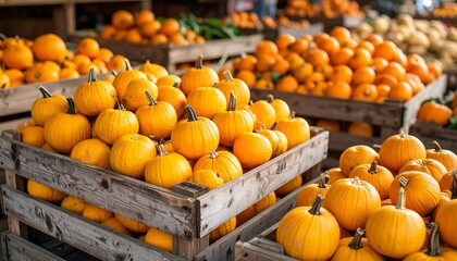 A vibrant autumn market scene showcasing crates overflowing with bright orange gourds, ready for the holiday season and harvest celebrations