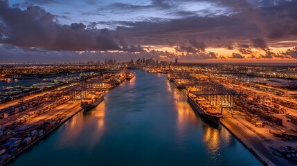 Sunrise Over Miami Port A Vivid Aerial View of Shipping and Urban Development