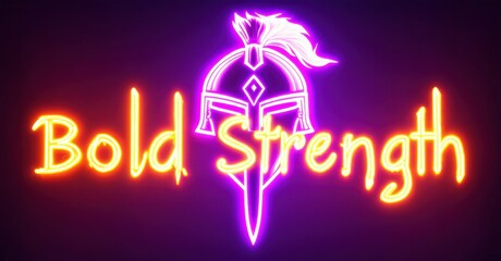 Neon sign displays text Bold Strength above stylized helmet illustration. Purple background enhances vibrant orange, pink glow.