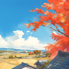 日本の秋の美しい紅葉を水彩画風で表現したイラスト。余白を生かした構図が静謐さを生み出し、荘厳で息をのむ景観を感じさせるデザイン素材。
