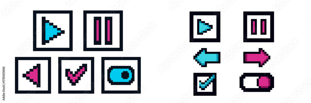 Poster vibrant pixel art user interface icons for media playback, interactive controls, and digital applica
