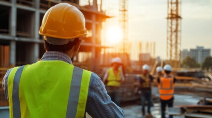 Construction worker overseeing project progress at urban site during sunset professional environment dynamic viewpoint team collaboration