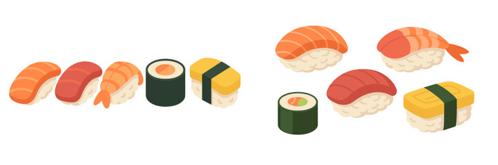 Variety of fresh Japanese sushi and maki rolls including nigiri with salmon, tuna, shrimp, and tamagoyaki omelet © icon_art