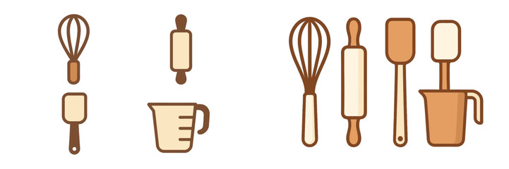 Essential kitchen baking tools set including whisk, rolling pin, spatula, and measuring cup for cooking