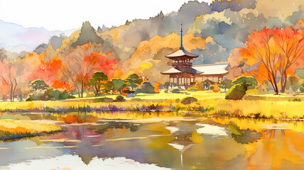 日本の秋の美しい紅葉を水彩画風で表現したイラスト。余白を生かした構図が静謐さを生み出し、荘厳で息をのむ景観を感じさせるデザイン素材。