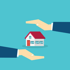 House with a protective hands. For security concepts, protection of private property. Insurance, mortgage, credit.	