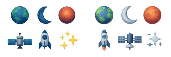 Diverse cosmic elements including planets, rockets, satellites, and sparkling stars in a clean graphic style