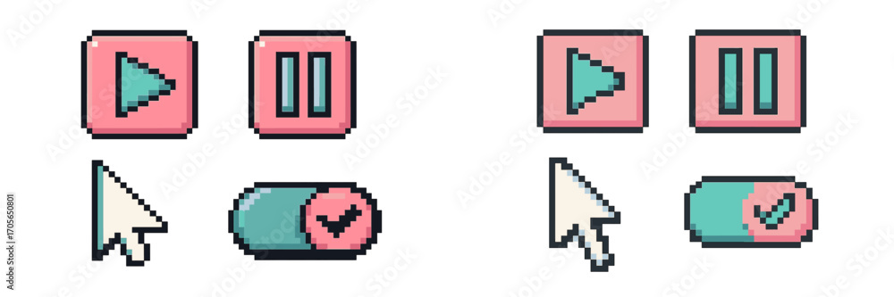 Poster collection of retro pixel art style media player controls and user interface elements for digital de