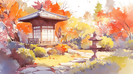 日本の秋の美しい紅葉を水彩画風で表現したイラスト。余白を生かした構図が静謐さを生み出し、荘厳で息をのむ景観を感じさせるデザイン素材。
