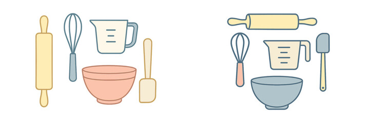 Colorful baking and cooking tools including rolling pin, whisk, measuring cup, mixing bowl, and spatula for culinary tasks