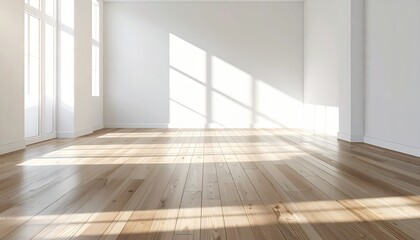 A sunlit, empty room with a light-colored hardwood floor and large windows.