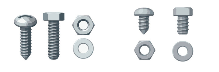 Variety of essential hardware fasteners: slotted head screws, hex head bolts, hexagonal nuts, and flat washers