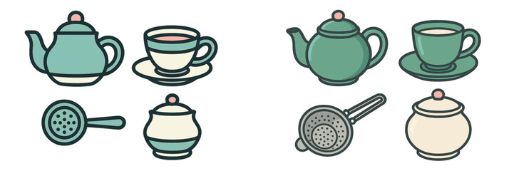 Elegant collection of teapots, teacups, sugar bowls, and tea strainers for serving hot beverages and enjoying a relaxing tea time