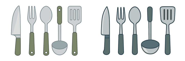 Modern collection of essential kitchen utensils and cooking tools for meal preparation, serving, and dining