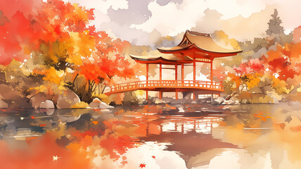 水彩風のやわらかな色合いで描かれた秋の紅葉風景。赤や橙の木々が織りなす壮大な日本の自然美と、余白がもたらす荘厳な空気感が特徴的なアート作品。