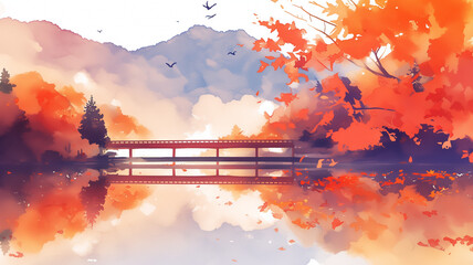 水彩風のやわらかな色合いで描かれた秋の紅葉風景。赤や橙の木々が織りなす壮大な日本の自然美と、余白がもたらす荘厳な空気感が特徴的なアート作品。