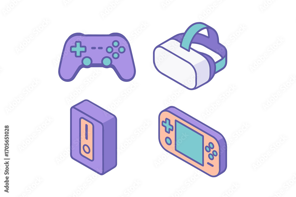 Poster Isometric gaming devices and virtual reality headset icons set with console controller and portable game