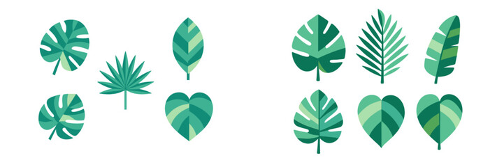 Botanical collection of stylized green tropical leaves featuring diverse shapes and patterns for modern design projects © icon_art