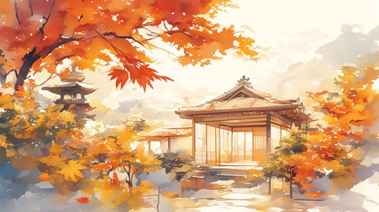 秋の日本を象徴する紅葉を水彩画風で描いたイラスト。豊かな色彩と余白の美学が融合し、息をのむような荘厳で幻想的な雰囲気を感じさせる素材。