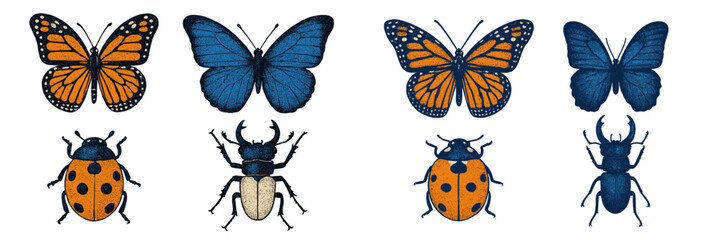 Collection of flying and crawling insects including monarch butterflies, blue butterflies, ladybugs, and stag beetles with textured wings © icon_art