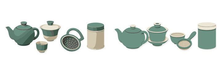 Stylized tea utensils and accessories in a contemporary design featuring teapots, cups, and canisters
