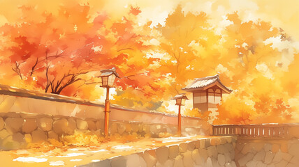 水彩風のやわらかな色合いで描かれた秋の紅葉風景。赤や橙の木々が織りなす壮大な日本の自然美と、余白がもたらす荘厳な空気感が特徴的なアート作品。