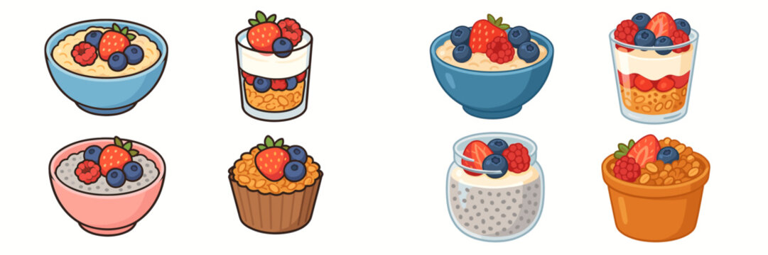 Collection of healthy breakfast and dessert options with fresh berries, oats, granola, and chia seeds in various bowls and glasses