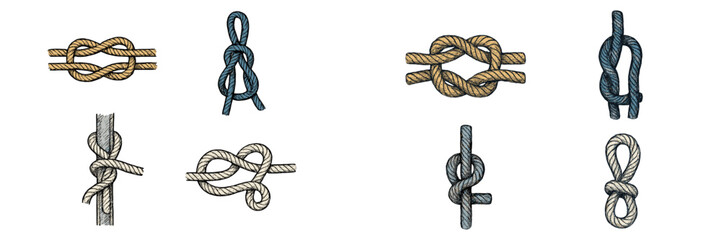 Detailed collection of various nautical and decorative rope knots for sailing, climbing, and securing purposes