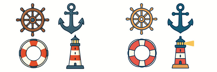 Collection of nautical marine elements including ship wheels, anchors, lifebuoys, and lighthouses in flat design © icon_art