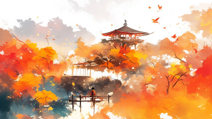 秋の日本を象徴する紅葉を水彩画風で描いたイラスト。豊かな色彩と余白の美学が融合し、息をのむような荘厳で幻想的な雰囲気を感じさせる素材。