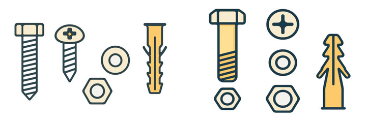 Assortment of common hardware fasteners including bolts, screws, nuts, and wall anchors for construction and DIY projects