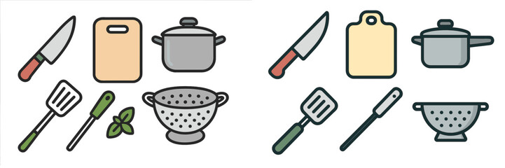 Kitchen cooking utensils and equipment set including knives, cutting boards, pots, spatulas, colanders, and fresh basil leaves