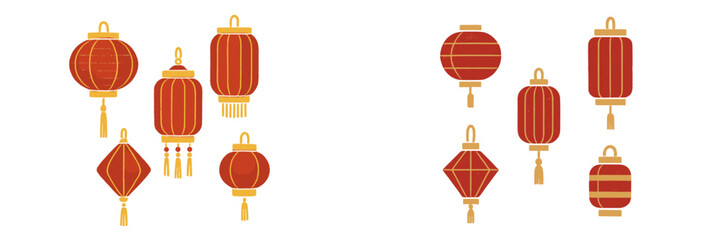 Set of traditional red and gold Asian lanterns in various shapes and designs for cultural celebrations