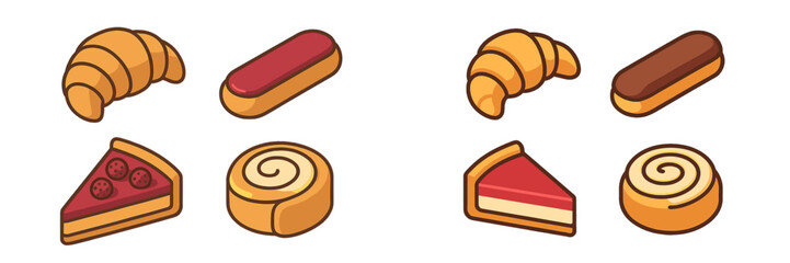 Assortment of delicious baked goods and sweet pastries including croissants, eclairs, cake, and cinnamon rolls