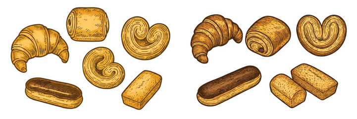 Assortment of classic French pastries including croissants, pain au chocolat, palmiers, eclairs, and pound cake