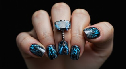 Hand with Hammer-Shaped Ring and Lightning-Themed Nails