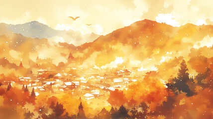 水彩画の繊細な筆致で表現された秋の日本の紅葉風景。鮮やかに色づいた木々と柔らかな余白が調和し、神秘的で荘厳な雰囲気を漂わせる美しいアートイラスト。