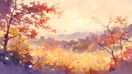 水彩画の繊細な筆致で表現された秋の日本の紅葉風景。鮮やかに色づいた木々と柔らかな余白が調和し、神秘的で荘厳な雰囲気を漂わせる美しいアートイラスト。