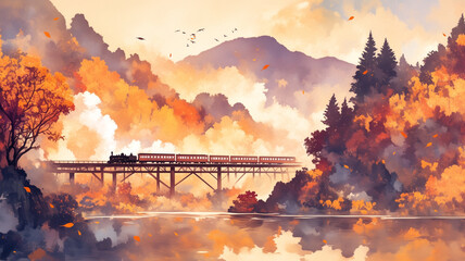 水彩画の繊細な筆致で表現された秋の日本の紅葉風景。鮮やかに色づいた木々と柔らかな余白が調和し、神秘的で荘厳な雰囲気を漂わせる美しいアートイラスト。