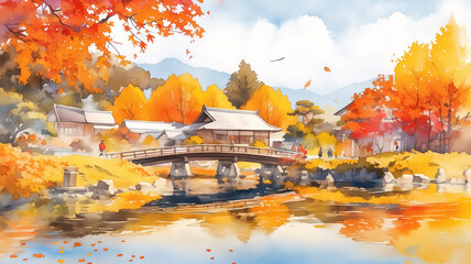 水彩画風の柔らかなタッチで描かれた日本の秋の紅葉風景イラスト。燃えるように赤や橙に染まる木々と広がる余白の空間が荘厳で、息をのむ美しさを表現したアート素材。
