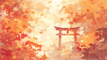 水彩画風の柔らかなタッチで描かれた日本の秋の紅葉風景イラスト。燃えるように赤や橙に染まる木々と広がる余白の空間が荘厳で、息をのむ美しさを表現したアート素材。