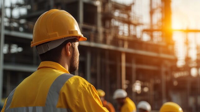 Construction worker overseeing industrial development project at urban construction site during sunset focused action in dynamic environment