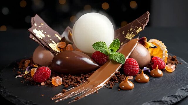 Artistically plated fine dining dessert with a delicate white sphere, rich chocolate variations, and fresh raspberry accents