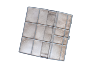 Dirty air conditioner filter covered with dust isolated on transparent background, showing the need for cleaning and maintenance to aircondition quality, energy efficiency and airflow performance.