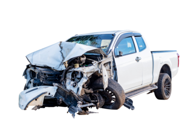 Full body front and side view of white pickup car get damaged by accident on the road. damaged cars after collision. Isolated on transparent background, PNG File