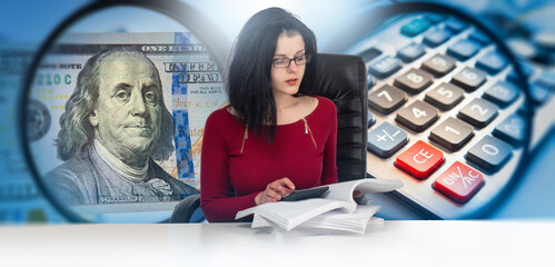 Finance and accounting. Woman with glasses reviews documents and calculator at desk, background...