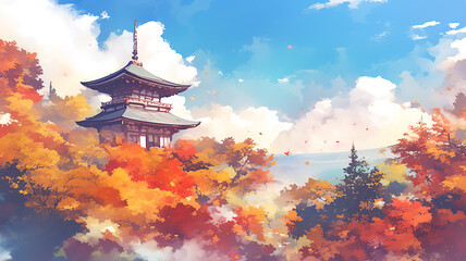 水彩画風の柔らかなタッチで描かれた日本の秋の紅葉風景イラスト。燃えるように赤や橙に染まる木々と広がる余白の空間が荘厳で、息をのむ美しさを表現したアート素材。