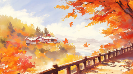 水彩画風の柔らかなタッチで描かれた日本の秋の紅葉風景イラスト。燃えるように赤や橙に染まる木々と広がる余白の空間が荘厳で、息をのむ美しさを表現したアート素材。
